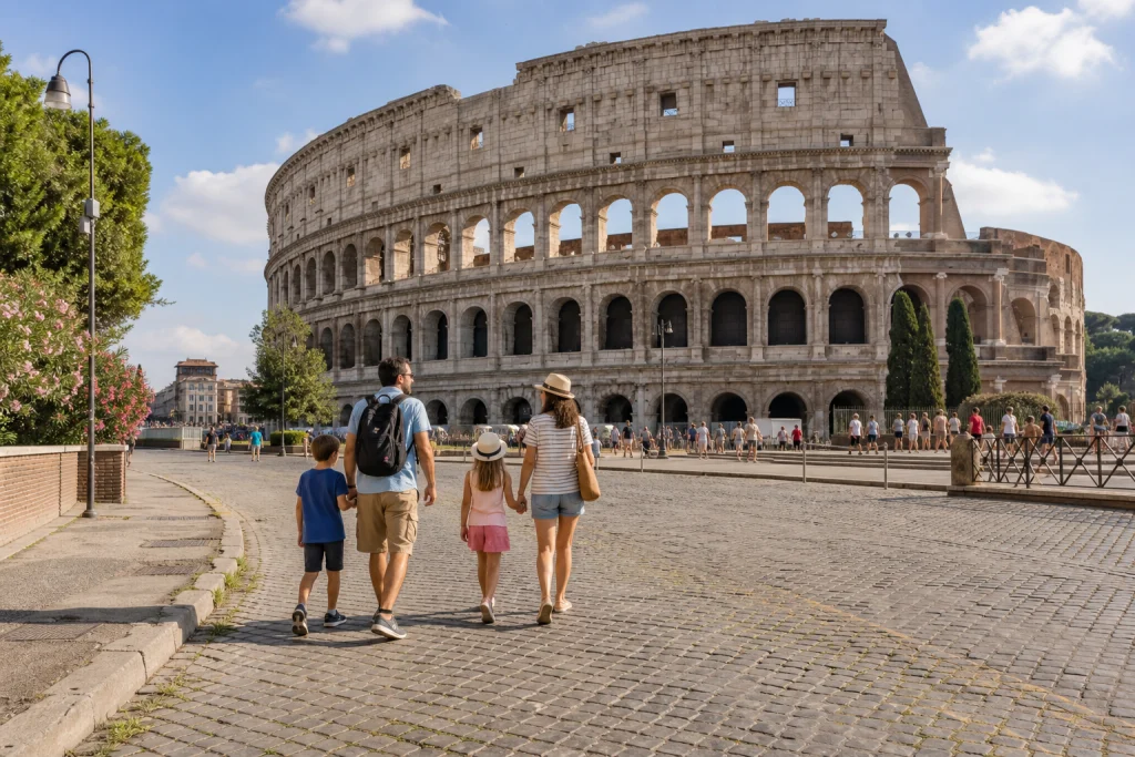 A family with children on a street in Rome